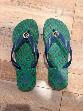 Tory Burch Green Patterned Flip Flops with Blue Straps and Gold Logo